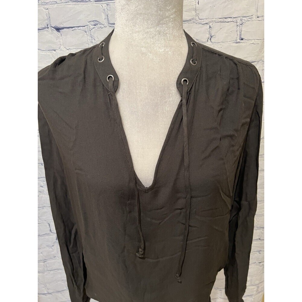 Cloth & Stone Blouse Womens Olive Small Long Sleeve V-Neck High-Low Tie Neck - Picture 2 of 7